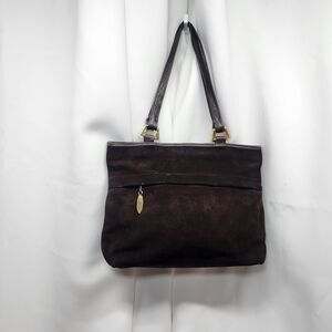 VTG Ronay Chocolate Brown Suede Leather Tote Bag Purse, Gold Detail, Classic